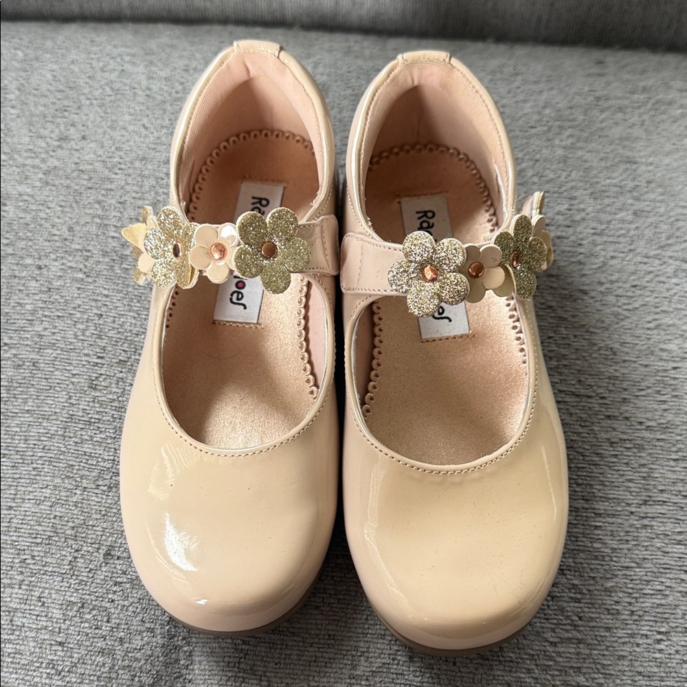 Rachel Shoes Beige Dress Shoes with Glittery Gold Flowers